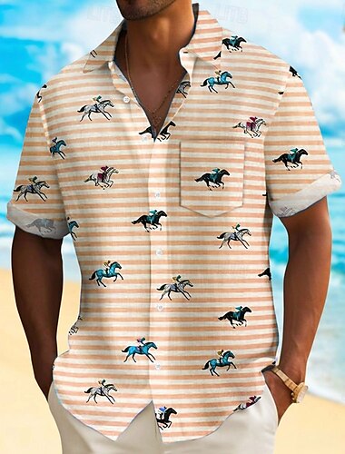  Kentucky Derby Herren Gestreift Pferderennen Hemd Freizeithemd Knopfhemd Kurzarm Modisch lässig Urlaub Ferien Streetwear Sommer Frühling Umlegekragen 3D-Druck Hemden mit Kragen Eine Tasche vorne Rosa