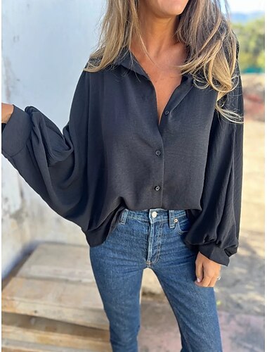  Femmes Chemise Couleur Unie Fleuri Élégant Occasionnel manche longue Col de chemise Hauts Réguliers Quotidien Boutons Noir Blanche Rouge Violet Été Printemps