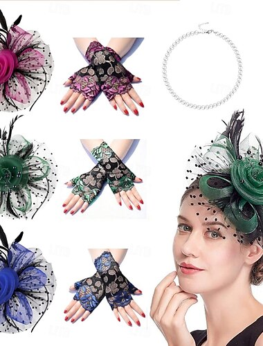  Halsband Kransar Långa handskar Cosplay-tillbehör Tillbehör set Elegant och lyxigt 1920-talet Den store Gatsby Polyester Bergkristall Spets Legering Till Cosplay Dam Kostymsmycken Märkessmycken