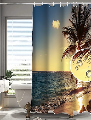  Занавеска для душа с крючками 180см*180см (70"*70") полиэстер washable водонепроницаемая узор декора для ванной кокосовая пальма на пляже