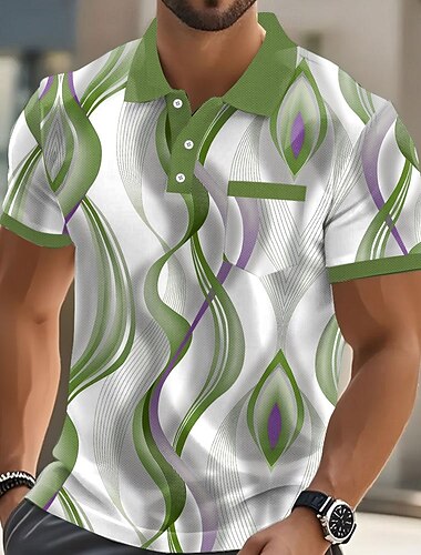  Herren Abstrakt Geometrisch Polo Kurzarm Polo-Shirts Hemden mit Kragen Business-Casual Outdoor Athleisure Alltagskleidung Knöpfe Tasche 3D-Druck Sommer Blau Purpur Grün