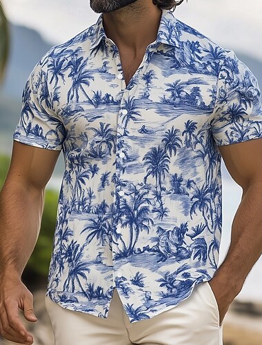  Homme Imprimé Floral Toile de Jouy Chemise Chemise hawaïenne Chemise Boutonnée Manche Courte Hawaïen Resort Vacances Fête Tenue de plage Été Printemps Col Rabattu Impression 3D chemises à col Bleu