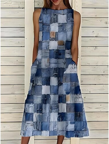  Dames Halflange jurk Zonnejurk A lijn jurk Zomerjurk Vakantie Casual cocktail Dagelijks Feestdagen Zomerjurk Normale pasvorm Grafisch Geometrisch Mouwloos Strakke ronde hals Marine Koningsblauw blauw