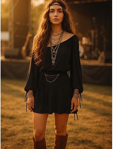  Robe boho pour femmes Robe western Robe vintage Mini robe Robe en A Robe décolletée Vacances Décontractée Extérieur Sortie Plage Coupe régulière Couleur unie Graphique Manches longues Une épaule Noir