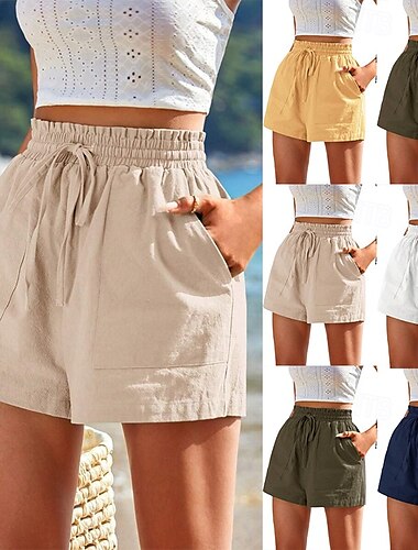  女性用 リネン風ショートパンツ ショーツ スラックス カジュアル ショート ナチュラルウエスト 平織り ポケット 弾性巾着デザイン 快適 屋外 ストリート デイリーウェア ネービー ホワイト イエロー アーミーグリーン 夏 レギュラー