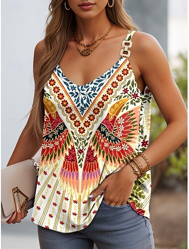  Dam Camisole linne Grafisk Geometrisk Ledigt Ärmlös Axelband Vanliga toppar Dagligen Öppen rygg Lappverk Mönster Blå Purpur Orange Sommar Vår