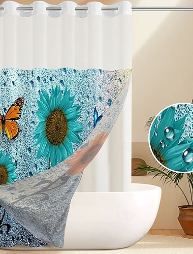  Jacquard bloem stip douchegordijnset met snap-in voering en transparant raam waterafstotend polyester geen-haak grommet bovenkant 120 GSM dubbele laag hotel spa badkamer afscheiding