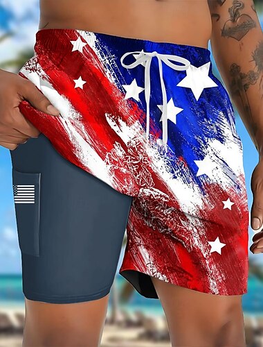  Herren Amerikanische US-Flagge Patriotisch Gefütterte Shorts 2 in 1 Badeshorts Badeshorts Mittlere Taille Hawaiianisch Urlaub Ferien Strandbekleidung Seitentaschen Mit Kompressionsfutter Elastischer