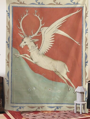  Tapiz medieval tapiz de la Edad Media arte gótico gran tapiz mural fotografía telón de fondo decoración del hogar dormitorio sala de estar ciervo blanco alado representando al joven Carlos VI