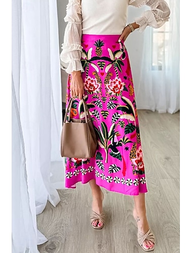  Dames Rok Bohemen Boho Midi Medium taille Rokken Bloemig Afdrukken Micro-elastisch Vakantie Straat Rode roos Zomer Polyester