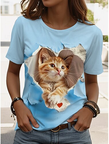  Mulheres Camiseta Gráfico Gato à moda Clássico Casual Manga Curta Gola Redonda Tops regulares Diário Final de semana Imprimir Branco Rosa Azul Verão Primavera