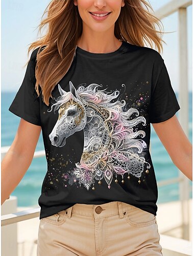  Kentucky Derby Damen T Shirt Grafik Tiermotiv Pferd Vintage Stilvoll Klassisch Kurzarm Rundhalsausschnitt Rundhals Normale Oberteile Täglich Druck Schwarz Sommer