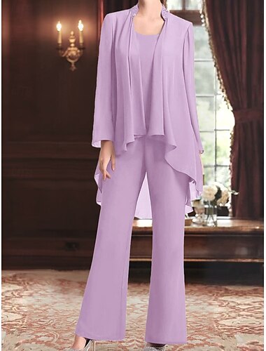  Hosenanzug Brautmutterkleid Hochzeitsgast Elegant Einfach Juwelenhals Bodenlang Chiffon Langarm mit Einfarbig 2025