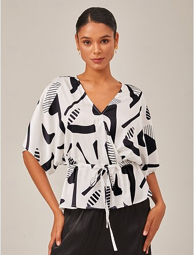  Dámské Žena Košile pro volný čas Geometrický Geometriské vzory Abstraktní Ležérní Trička Netopýří rukávy Černá Potisk Turecký plášť Krátký rukáv Elegantní prázdniny Do V Léto