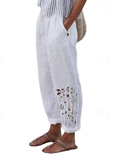  Femmes Pantalon en coton et lin Pantalon palazzo Mode Streetwear Confort Longueur cheville Taille Moyenne Fleur / Floral Avec Poches Taille Élastique Confortable Extérieur Rue Tenue quotidienne Sortir