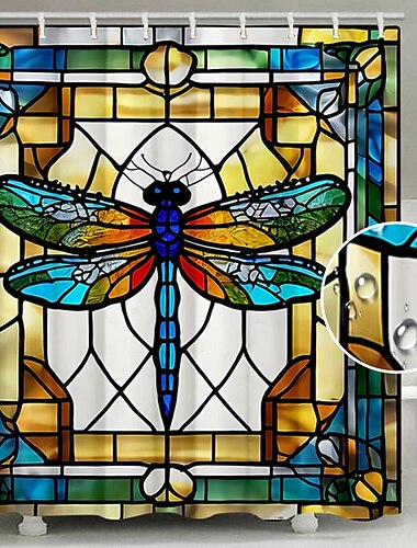  Douchegordijn met Haakjes 180cm*180cm (70"*70") Polyester Wasbaar Waterdicht Glas-in-lood Libelle Patroon Badkamer Decor