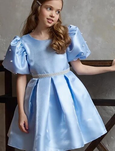  Niños Chica Vestido Vestido de Fiesta Color sólido Manga Corta Rendimiento Manga Farol Princesa Dulce Satén Hasta la Rodilla Vestido tubo Verano Primavera Otoño Niños Azul cielo