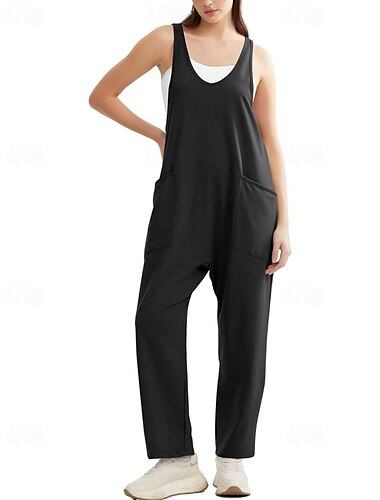  Damen Latzhose Jumpsuit Streetwear einfarbig ärmellos V-Ausschnitt Tasche Ausgehen Wochenende Regular Fit Schwarz Hellgrün Pink Sommer