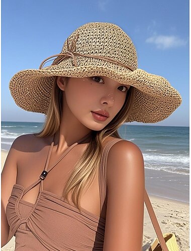  Damen-Sonnenhut aus Stroh mit breiter Krempe und Schleife, faltbarer Strandhut für Sommerreisen und Outdoor-Urlaub