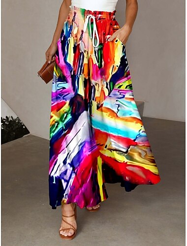  Damen Weit Bein Chinos Baggy-Hosen Mode Streetwear Bohemian Lange Vollleib Hohe Taille Grafik Farbverlauf Patchwork Tasche Elastischer Bund Druck Bequem Weich Angenehm Mikrofaser Outdoor Urlaub