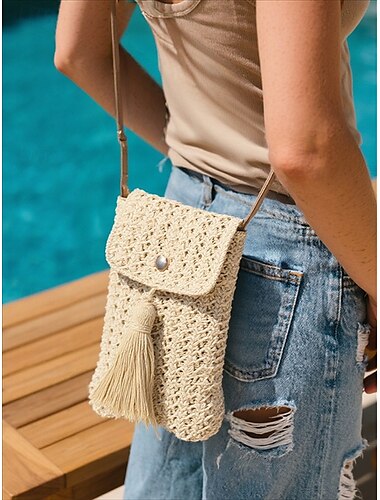  Borsa a tracolla da donna in paglia intrecciata con nappa – mini borsa da spiaggia estiva in stile boho per viaggi, attività all'aperto e abbigliamento casual