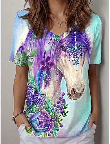  gypsy violet horse от sheena pike женская футболка цветочный рисунок животное винтаж стильный повседневный короткий рукав v-образный вырез обычные топы повседневный принт небесно-голубой летний