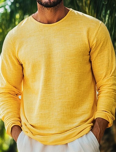  Hombre camisa de lino Camiseta superior Camisa de manga larga Manga Larga Escote Redondo Verano Todas las Temporadas Color sólido Diario Casual Estilo callejero Puro Exterior Calle Casual Amarillo