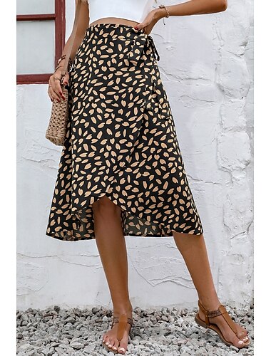  Damen Rock Lässig Knielang Mittlere Hüfthöhe Röcke Tupfen Druck Gespleißte Enden Mikroelastisch Straße Alltagstauglich Aprikose Schwarz Khaki Sommer Polyester