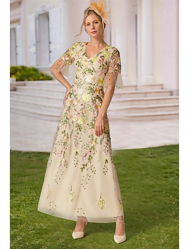  a-line klänning strand bröllop brudens mor klänning elegant vintage v-ringad ankel lång tyll kort ärm med broderi applikationer blomma 2025