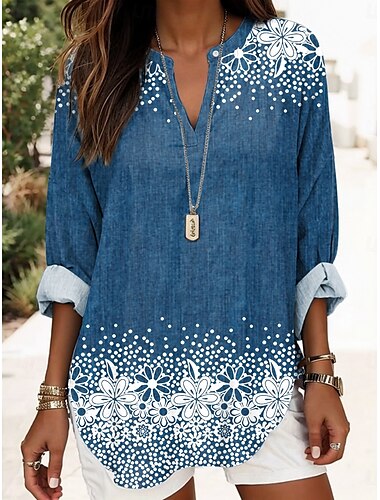  Women's Blouse 3D Print Floral Graphic Vintage Stylish Casual Long Sleeve V Neck Regular Tops Daily Holiday Vacation Wear Print Denim Blue Blue Purple Summer Spring
