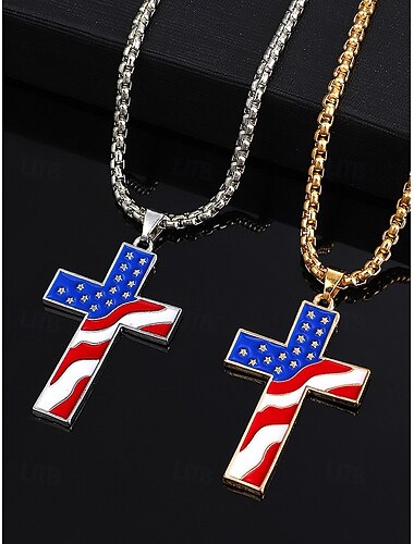  USA 250-årsjubileum Menns Amerikansk Flag Cross Vedheng Halssmykke – Gull  Sølv Tone med USA Flag Design Stilig og Trendy Uformell  Uttrykkelig Bruk