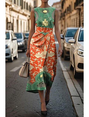  Damen Midikleid Etui-Kleid Figurbetontes Kleid Formell Halbformelle Kleider Büro Täglich Normale Passform Blumen Grafik Ärmellos Rundhalsausschnitt Himmelblau Orange Dunkelblau Grau Sommer Frühling