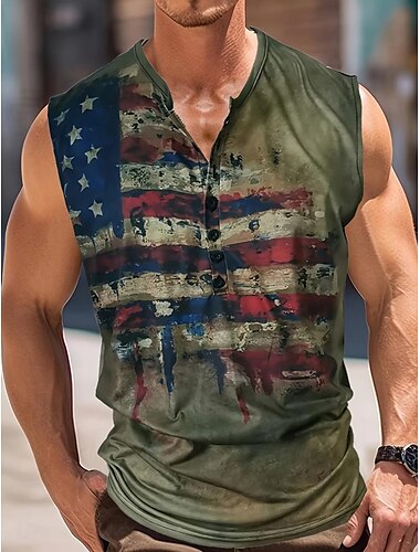  Homme Drapeau Américain Débardeur Chemise Henley Sans manches ancien Mode Designer Extérieur Occasionnel Quotidien Été Printemps & Automne Vert Marron Gris Henley T-shirt Henley