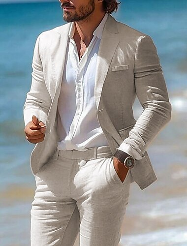  Trajes de lino para boda de verano para hombre, color beige, medio forro, ligeros, informales, de color liso, corte estándar, 2 piezas, botonadura sencilla, un botón