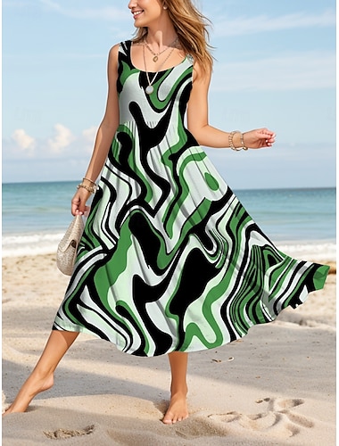  Women's Midi Dress Casual Dress Sundress A Line Dress Off The Shoulder Dress Vacation Casual Regular Fit Graphic Geometric Sleeveless U Neck Scoop Neck Blue Purple Green Khaki Summer Spring
