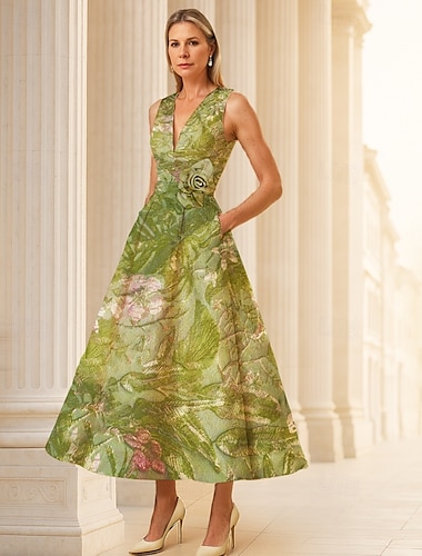  grünes florales A-Linien-Cocktailkleid, elegantes Hochzeitskleid, knöchellang, ärmellos, V-Ausschnitt, Nylon mit Tasche 2025