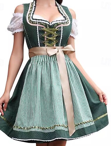  Damen Oktoberfest Dirndl Kleid mit Schnürung Satinschleife Karierte Schürze Traditionelles Kleid für das Oktoberfest