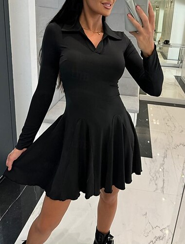  Femmes Mini Robe Robe Décontractée Mode Classique Moderne Extérieur Vacances Fête Coupe régulière Uni manche longue Col de chemise Noir Marron Gris Été Printemps