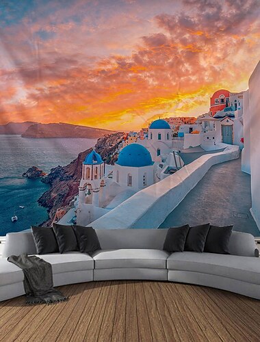  Landschaft Santorini Wandteppich Großer Wandteppich Wanddekoration Fotohintergrund Deckenvorhang Heim Schlafzimmer Wohnzimmer Dekoration