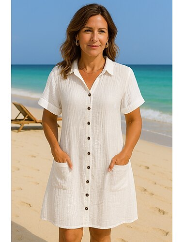  Lässiges Hemdblusenkleid für Damen, kurzärmlig, Knopfleiste vorne, knielang, leicht, strukturiert, weiß, für den Sommer, Frühling, Alltag, entspannte Passform