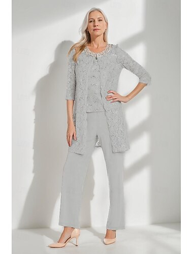  Mono de Lentejuelas Traje de Pantalón 3 Piezas para la Madre de la Novia Traje Simple Minimalista Brillo y Resplandor Cuello Redondo Largo hasta el Tobillo Encaje Sin Mangas Manga Media con Perlas y