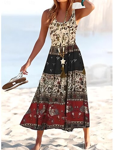  Damen Maxikleid Sommerkleid A Linie Kleid Unterkleid Faltenkleid Urlaub Lässig Boho Ausgehen Strand Normale Passform Blumen Paisley-Muster Farbblock Ärmellos U-Ausschnitt Dunkelgrün hellkaffee