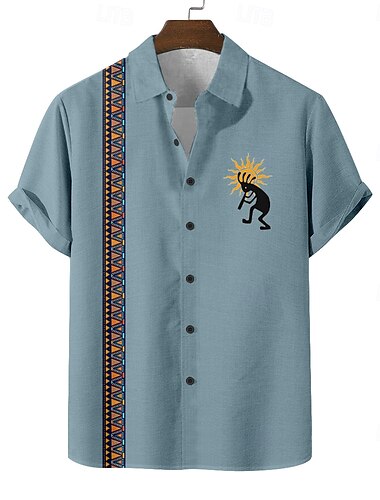  Herren Geometrisch Ethnisch Kokopelli Hemd Sommerhemd Knopfhemd Kurzarm Vintage-Retro Ferien Alltagstauglich Sommer Frühling Umlegekragen 3D-Druck Leinenähnliches Hemd Blau Grün Khaki Dunkelblau