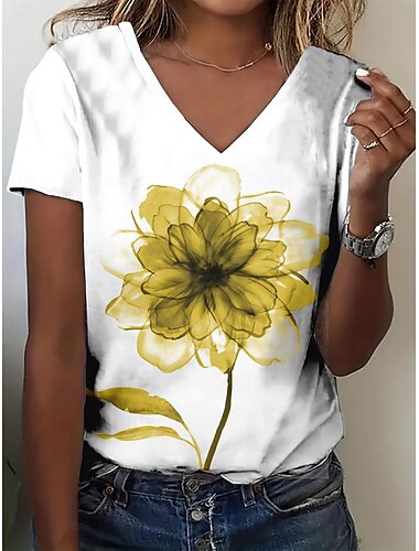  女性用 Tシャツ 夏のトップス フラワー グラフィック クラシック カジュアル 半袖 Ｖネック クロップトップ 日常 週末 プリント イエロー ルビーレッド パープル グリーン ライトブルー 夏 春 秋