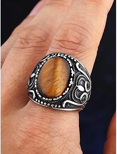  Herrenring aus Edelstahl im Vintage-Stil mit Tigerauge-Stein, antikes silbernes Tribal-Design, auffälliger Statement-Ring, geeignet für legere und formelle Anlässe