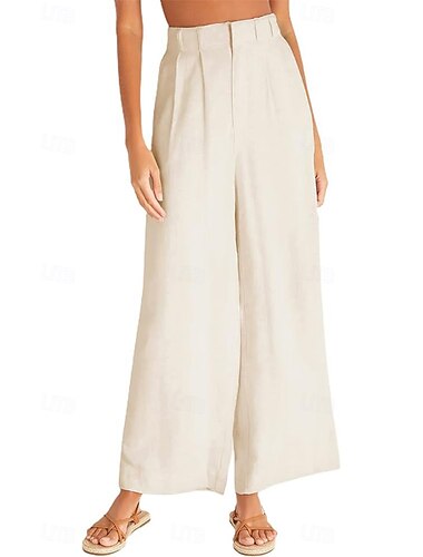  Damen Weites Bein Hose aus Baumwollleinen Stoffhosen Lässig Volle Länge Natürliche Taille Einfach Tasche Bequem Außenbereich Straße Ausgehen Aprikose Marinenblau Schwarz Fuchsie Sommer Normale