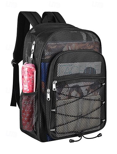  schwarz-grauer Netzrucksack mit Reißverschlussfach, verstellbarem Schultergurt, Unisex, modisches Design – geeignet für Schule, Sport, Fitness und den täglichen Gebrauch