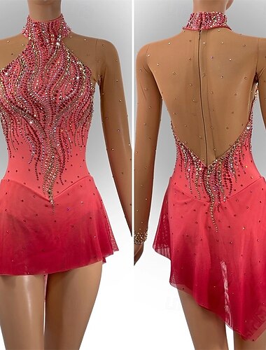  Eiskunstlaufkleid Damen Mädchen Eislaufen Kleid Rot Daumenloch Asymmetrischer Saum Netzstoff Hohe Elastizität Training Wettbewerb Eiskunstlaufkleidung Klassisch Kristall / Strass Langarm Eislaufen