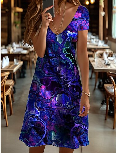  Damen Minikleid Lässiges Kleid Sommerkleid A-Linie Kleid Elegantes Urlaub Stilvolles Reguläre Passform Ombre Grafik Abstrakt Kurze Ärmel Rundhals Gelb Rot Blau Lila Sommer Frühling
