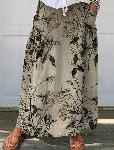  Damenrock Maxirock Lockerer Bohemia Küsten-Oma-Stil Ethnisch Leinen Legere Maxi Mittelhoch Taillierte Röcke Blumen Mikro-elastisch Straße Alltag Hellgelb Asche Rosa Himmelblau Sommer Polyester Leinen